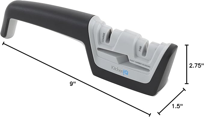 KitchenIQ 50217 Diamond Pull-Thru Knife & Scissor Sharpener – Black/White – Pull-Thru Knife Sharpener – Left & Right-Handed Scissor Sharpener – Coarse & Fine– Straight & Serrated Blades