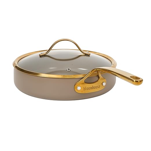 Bloomhouse - Two Time Oprah's Favorite Things Winner - 10 Inch Heavy Duty Aluminum Premium PFA Free Ceramic Nonstick Saute/Deep Frying Pan Skillet with Lid - Cappuccino Cream with Gold Handle