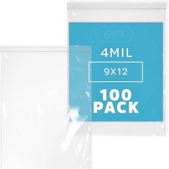 9" x 12" Heavy-Duty Zip Bags - 100 Count - Clear Plastic Reclosable Zipper Baggies, 4 Mil Thick Freezer Storage Poly Bags for Packaging A4 Letter Sized Paper, Food, Tools & Sharp Objects.