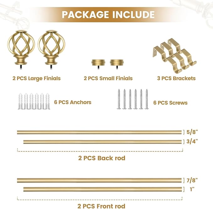 KAMANINA Gold Double Curtain Rod 36 to 72 Inches (3-6 Feet) Window Telescoping Drapery Rods, 1 Inch Heavy Duty Curtain Rods for Windows, Twisted Cage Ends