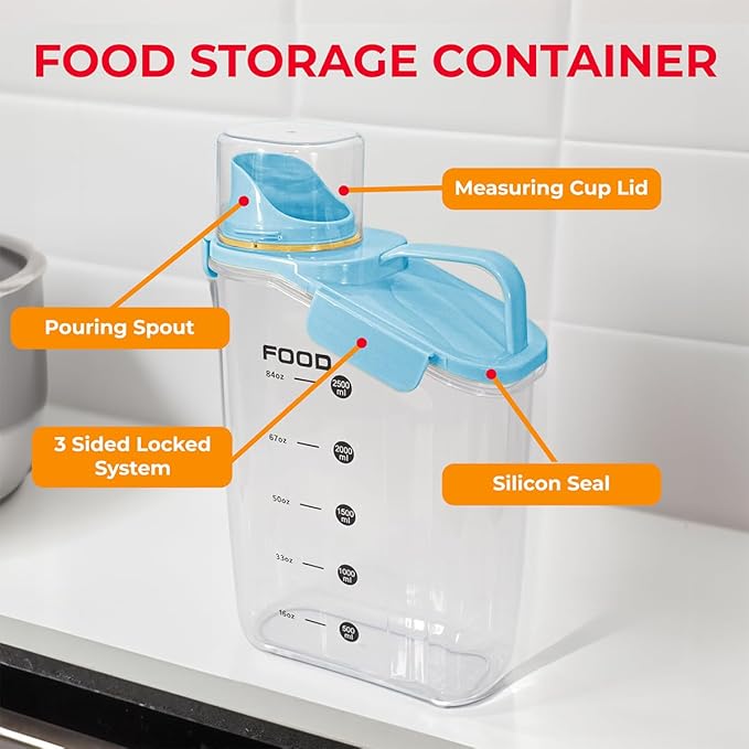 Two Pack Food & Cereal Storage Container - 2.6L Airtight Plastic Kitchen Organizer Bin with Pouring Spout, Measuring Cup Lid, Ideal for Dry Food, Rice, Sugar, Pet Food dispenser - BPA free (Blue)