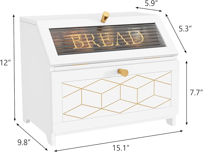 Double Layer Bread Box With Golden Trim for Countertop, Wooden Bread Container for Kitchen Counter, Corner Bread Storage (White)