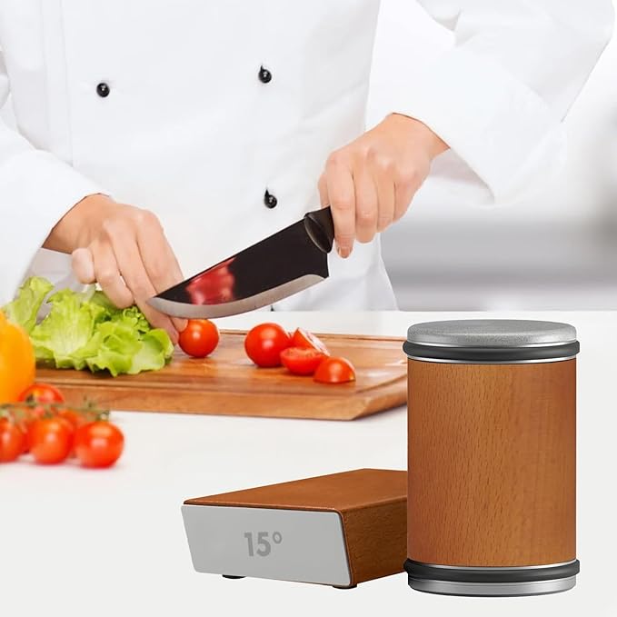 Rolling Knife Sharpener Kit - Compact Wooden Sharpener with 15° & 20° Magnetic Angle | Diamond Disc Knife Honing Tool | Professional Kitchen Use | Safe Sharpening for Home Cooking