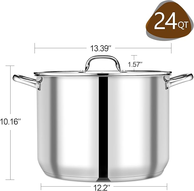 P&P CHEF 24 QT Stock Pot with Lid, Stainless Steel Large Cooking Pot, Soup Canning Stockpot for Stewing Simmering, Tri-ply Bottom for All Stoves, Heavy-Duty &Dishwasher Safe & Food-Grade