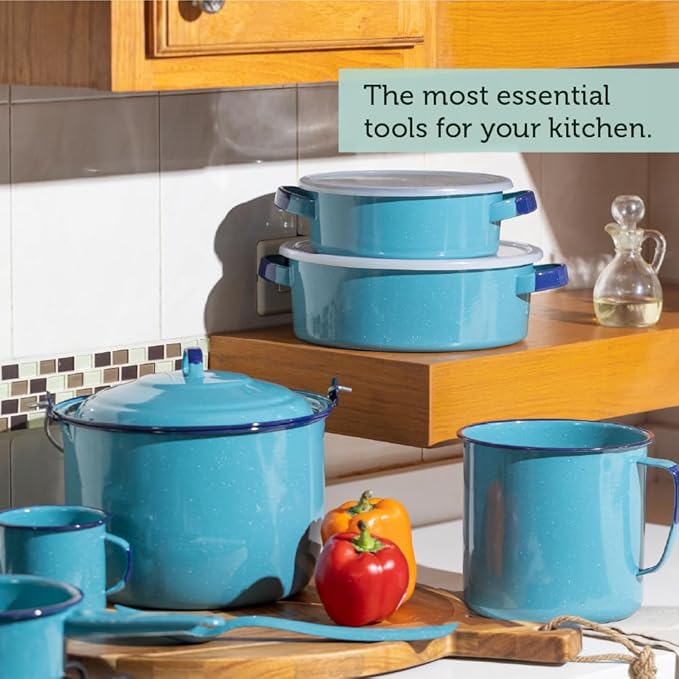 Cinsa 14-Piece Enamel on Steel Cookware Set, Ideal for Gas, Electric Stoves, Ovens & Campfires – Turquoise Blue