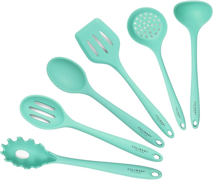 Culinary Couture Aqua Sky Silicone Cooking Utensils Set - Sturdy Steel Inner Core - Spatula, Mixing & Slotted Spoon, Ladle, Pasta Server, Drainer - Heat Resistant Kitchen Tools - Bonus Recipe Ebook