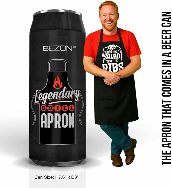 BEZON Funny Grill Apron for Men – Beer Can Gift Packaging – Hilarious BBQ Gift for Dad, Husband, or Friend – Heavy-Duty Water-Resistant Canvas – Leave the Salad, Take the Ribs!