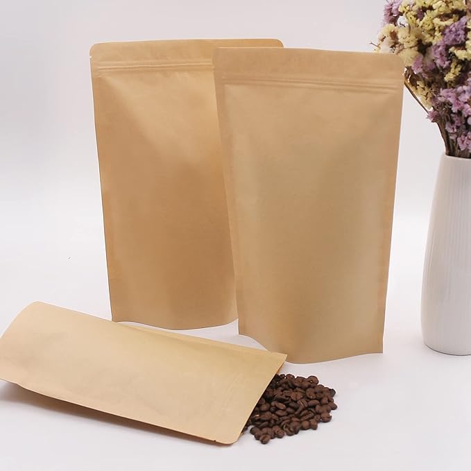 SumDirect Kraft Stand Up Pouches - 50 Pack 7x12 Inch Zipper Food Storage Reusable Bags with Foil Lined for Home or Business