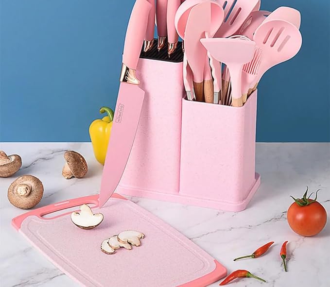 19 Piece Kitchenware Utensils and Knife Set- includes: 9 Piece Silicone Cooking Utensils- 5 Piece Sharp Stainless Steel Chef Knives- Scissors -Whisk Tongs and Cutting Board (Pink)
