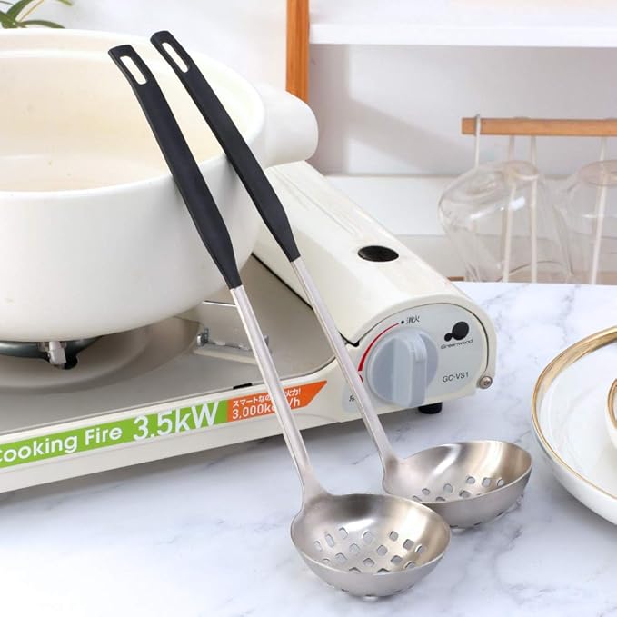 Buyer Star 2 Pcs Soup Ladle Colander, Silver Black Cookware Serving Long Handle Steel Slotted Spoon Cooking Utensil Set for Hotpot