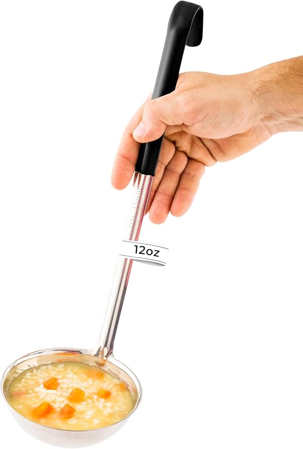 Restaurantware Met Lux 12 Ounce Soup Ladle 1 Hook Handle Serving Spoon - With Black Handle Dishwashable Stainless Steel Cooking Ladle For Pouring And Cooking Perfect for Soup Chilli Or Batter