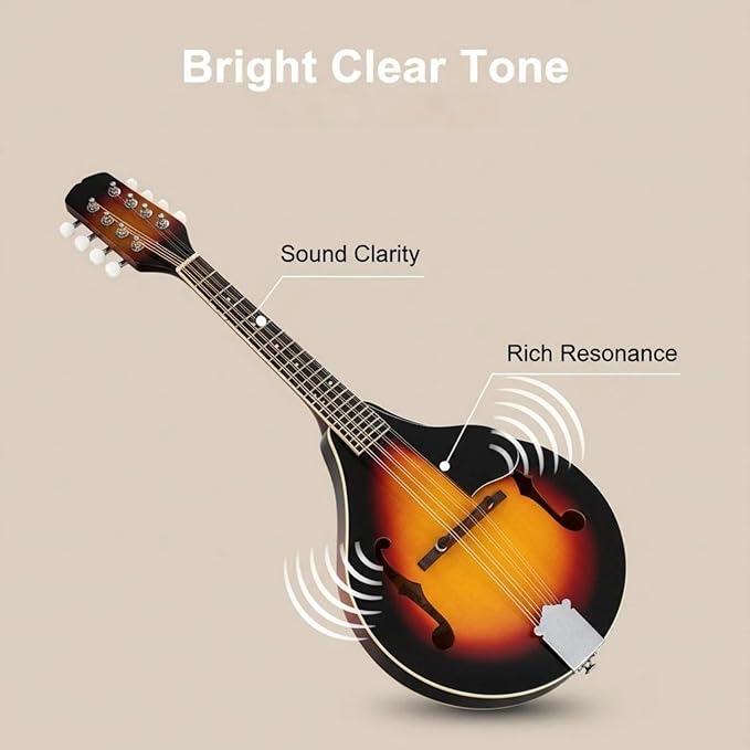A Style Mandolin Sunset Finish 8 String Acoustic Mandolin for Beginners and Adults with Basswood Body Rosewood Fingerboard Mahogany Top Folk Bluegrass Instrument