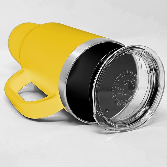 LaserGram 40oz Vacuum Insulated Travel Mug with Handle, Tiki Statue, Personalized Engraving Included (Yellow)