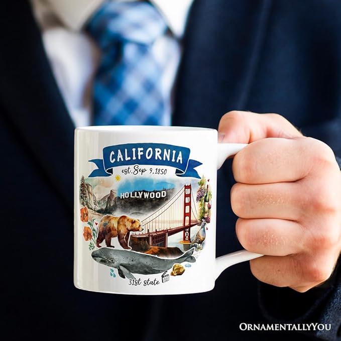 OrnamentallyYou State Travel Landmark Mugs – 12 oz Ceramic Coffee Cups, U.S. Souvenir Gift for Tourists (Artistic California State Themes and Landmarks Mug)