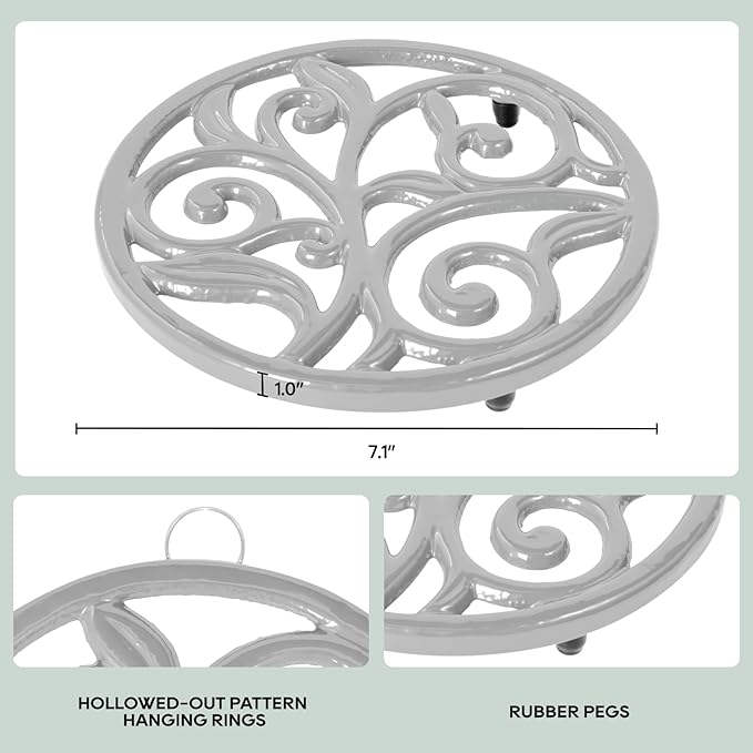 JOGREFUL Cast Iron Trivet Mats, Kitchen Pot Holders to Portect Table/Countertops, Heat Resistant Mats for Teapot/Hot Dishers/Plates, Vintage Mats with Weighted-Base, Vine Pattern, Gray