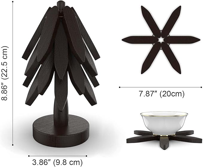 Wooden Trivets for Hot Dishes,Tree Shape Trivet Set, 4 Wooden Trivets+1 Stand, Natural FoldableKitchen Wooden Trivet for Hot Dishes、Pot、Bowl、Teapot、Hot Pot Holders (Black)