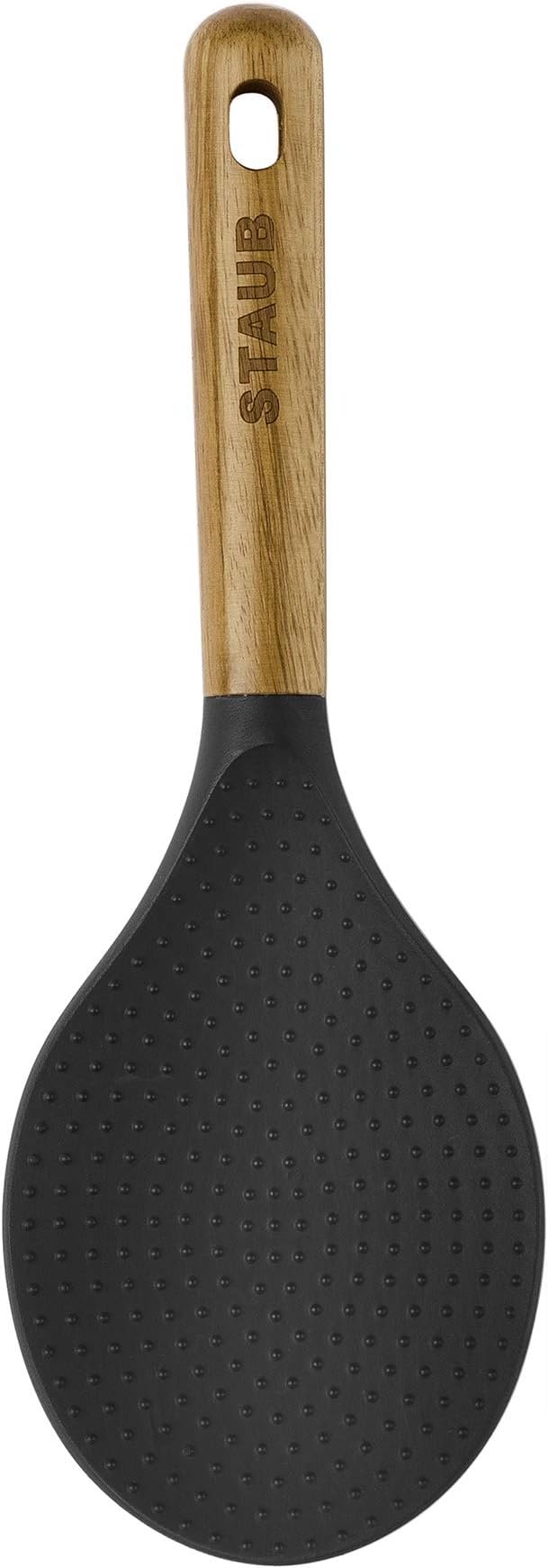 STAUB Rice Spoon, Perfect for Keeping Rice Fluffy While Scooping and Serving, Durable BPA-Free Matte Black Silicone, Acacia Wood Handles, Safe for Nonstick Cooking Surfaces, 8.75 x 3 x 0.75 inches