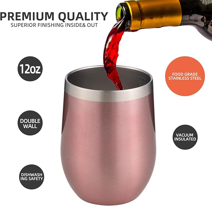 12 oz Insulated Wine Tumbler with Lid and Straw,Stainless Steel Stemless Wine Tumbler Glasses Double Wall Vacuum Wine Cups Tumbler Bulk for Champaign,Cocktail,Office(Rose Gold,8)