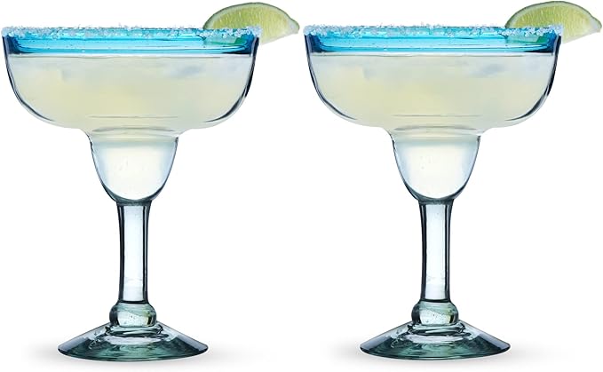 Segunda Vida Primavera Stemmed Margarita Glasses - Blue Rim Margarita Glass Set Made in Mexico - 100% Recycled Glass 10oz Set of 2