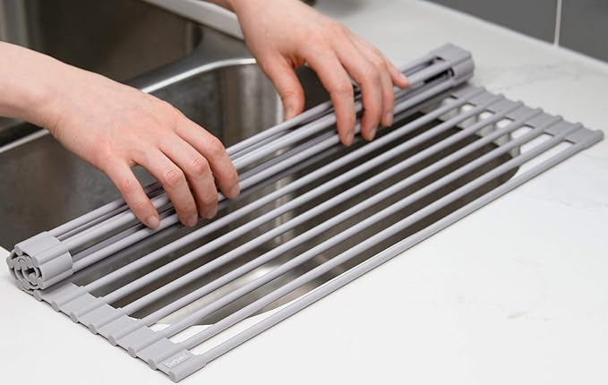 Surpahs Roll-Up Dish Drying Rack, Warm Gray, 20.5" x 15.5", Wide Platform, Fits Sinks up to 18.5", Silicone-Coated Stainless Steel