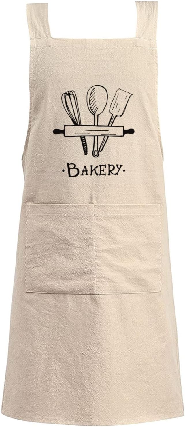 Cotton Linen Apron Non-tie Cross Back Kitchen Apron with Pockets Soft Comfortable Durable for Cooking Baking Gardening (Khaki,Bakery)