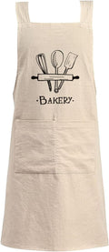 Cotton Linen Apron Non-tie Cross Back Kitchen Apron with Pockets Soft Comfortable Durable for Cooking Baking Gardening (Khaki,Bakery)
