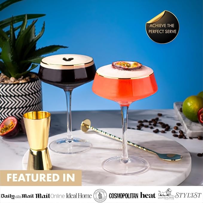 VEMACITY - Deluxe Espresso Martini Glasses Set of 4 | 10oz Coupe Glasses with Gold Rims for Champagne, Cosmopolitans - Includes Gold Jigger, Bar Spoon & eBook - | Ideal for Christmas & New Years