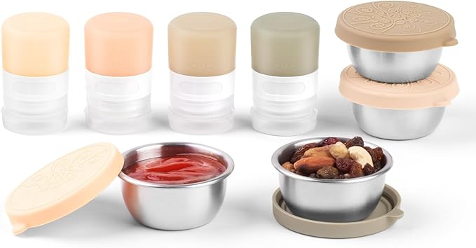 8-Pack Salad Dressing Container To Go, 1-oz Silicone Small Condiment Squeeze Bottles and 1.6 oz Stainless Steel Sauce Containers Cups, Leakproof Condiment Containers with Lids for Lunch Box
