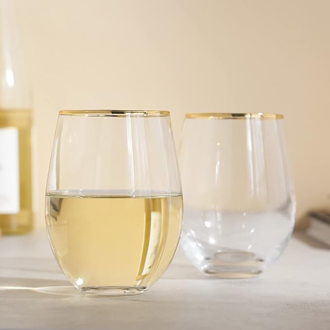 Twine Gilded Stemless Wine Glasses Set with Gold Rim, Modern Drinking Glasses for Red and White Wines, Wedding Gifts, Holiday Celebration, Elegant Glassware, Home Bar,18 oz, Set of 2