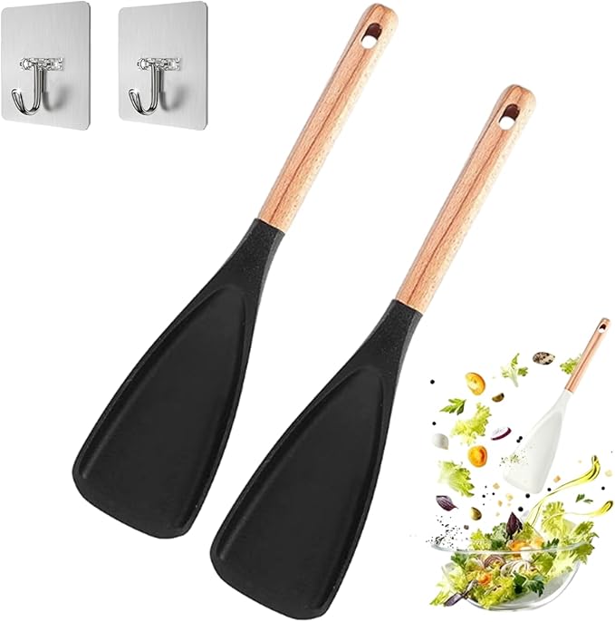 Cedar and Ash Spoon, Multifunction Spatula Cooking Spoon, Heat-Resistant Silicone, Wooden Handle, Safe for Nonstick Cookware, Ergonomic Grip, Ideal for Stirring, Mixing, Serving (2pcs Black)