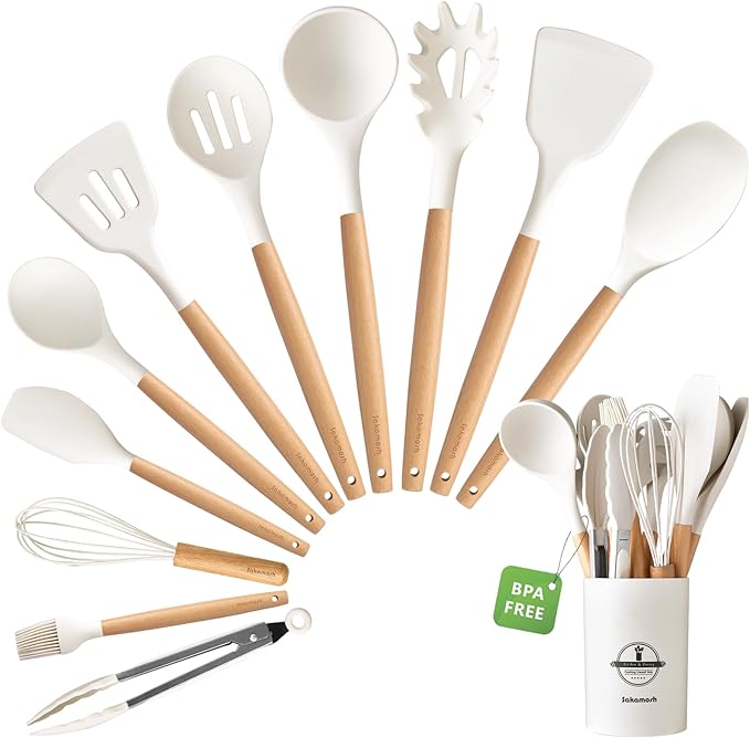 Silicone Cooking Utensils Set with Holder, 12 Pcs Heat Resistant Kitchen Utensils Set with Wooden Handle, BPA-free Spatula, Tongs, Spoons Set for Nonstick Cookware, White