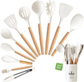 Silicone Cooking Utensils Set with Holder, 12 Pcs Heat Resistant Kitchen Utensils Set with Wooden Handle, BPA-free Spatula, Tongs, Spoons Set for Nonstick Cookware, White