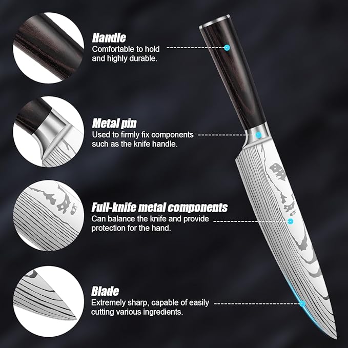 10-Piece Premium Japanese Kitchen Knife Set - Imperial Collection, Laser Damascus Pattern, 440A Stainless Steel Ultra Sharp for Fast Cutting (Redwood 10J)