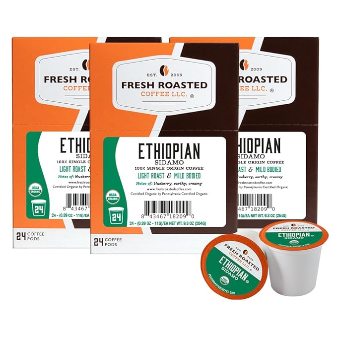 Fresh Roasted Coffee, Organic Ethiopian Sidamo |USDA Organic, 100% Single Origin, Kosher | Light Roast 72 Pods for K Cup Brewers