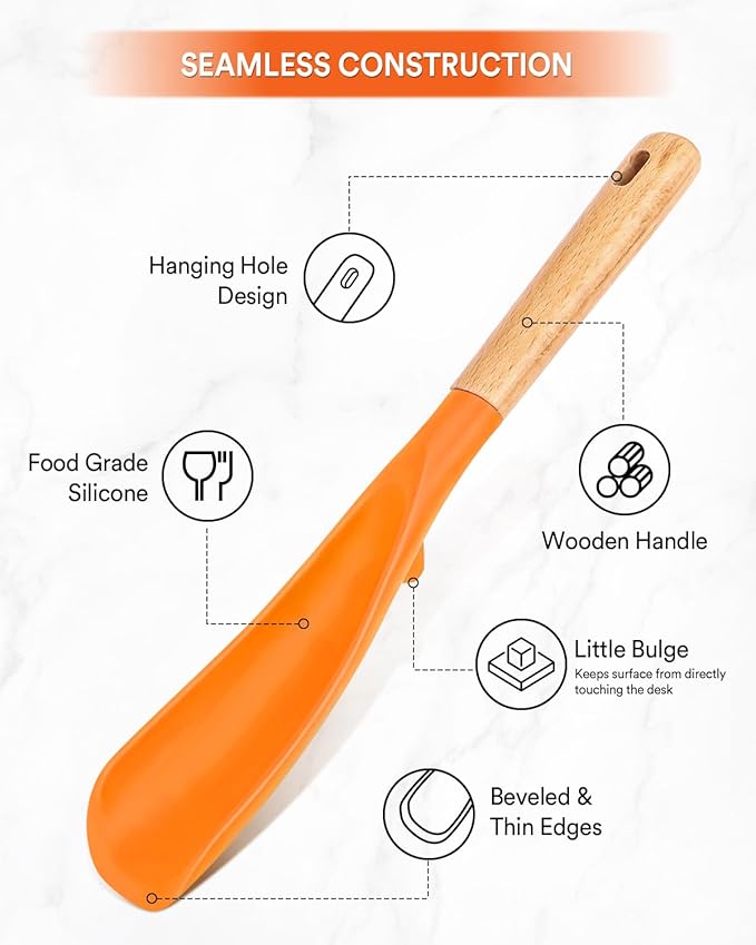 Cooking Spoon for Nonstick Cookwares, Great for Cooking and Serving Sturdy BPA-Free Matte Silicone, Wood Handle Spoon for Mixing, Scoop, and Scrape (ORANGE)