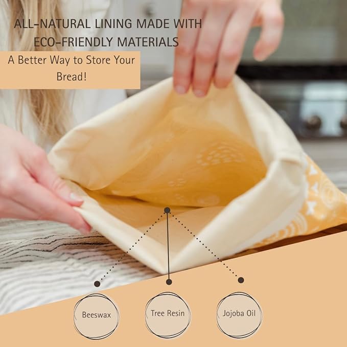 Reusable Beeswax Bread Bag 2 Pack –12x17 Bread Bag for Homemade Sourdough, Beeswax Coated Organic Cotton Storage Bag for Loaf Baguette, Freezer Safe, Eco-Friendly Wrap Honeybee