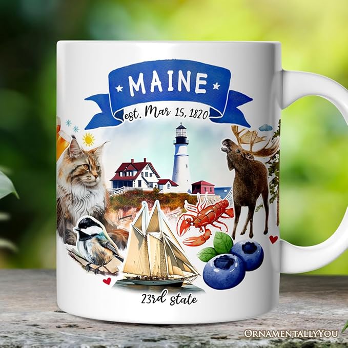OrnamentallyYou State Travel Landmark Mugs – 12 oz Ceramic Coffee Cups, U.S. Souvenir Gift for Tourists (Artistic Maine State Themes and Landmarks Mug)