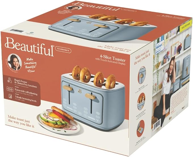 Beautiful 4-Slice Toaster by Drew Barrymore – Touch Display, Extra-Wide Slots, Bagel & Frozen Functions, Stainless Steel (Cornflower Blue)