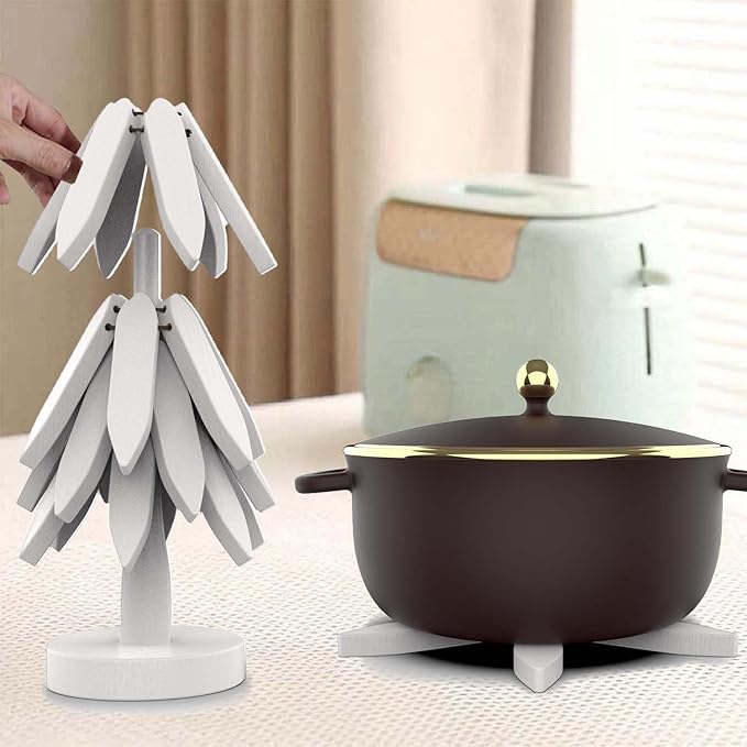 Wooden Trivets for Hot Dishes,Tree Shape Trivet Set, 4 Wooden Trivets+1 Stand, Natural FoldableKitchen Wooden Trivet for Hot Dishes、Pot、Bowl、Teapot、Hot Pot Holders (White)
