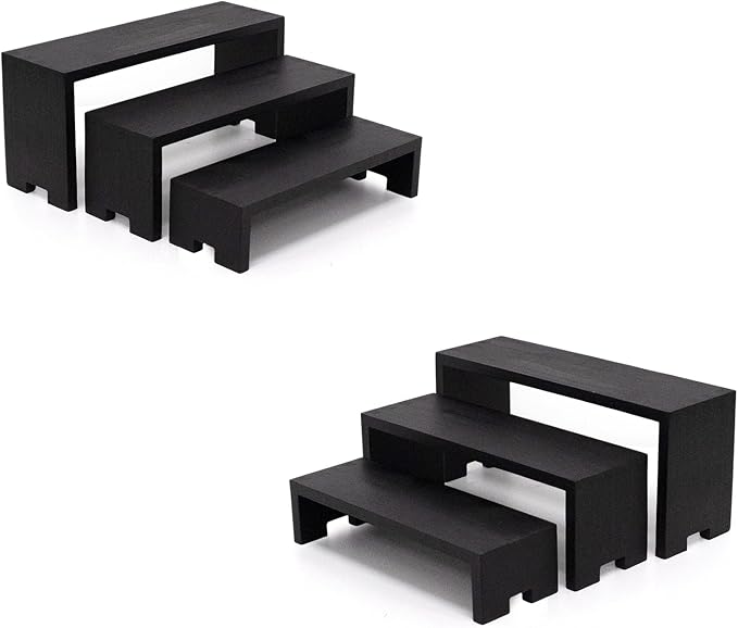 Display Wood Risers Wooden Stand 3 Tier Black Wood Racks Decorative Rectangular, 2 Set 6 Piece Cupcake Stands Cologne Perfume Organizer Dessert Showcase(Black)