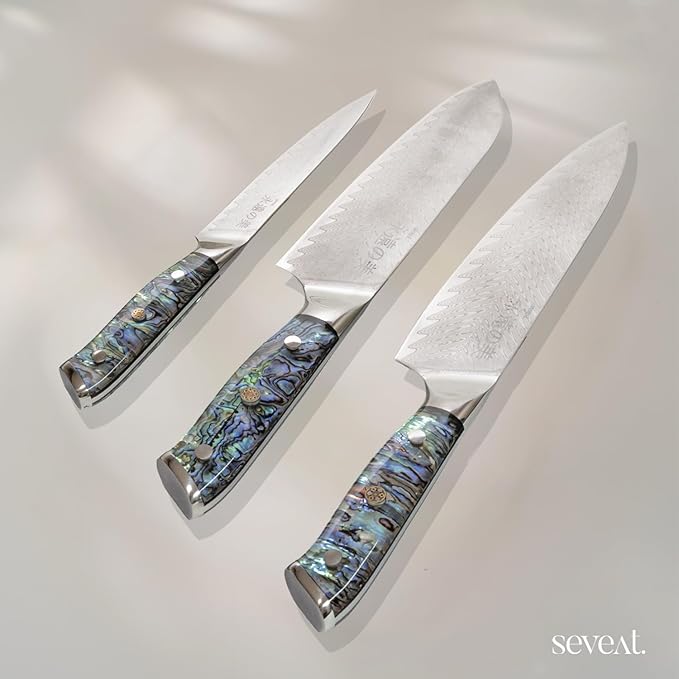 Damascus Kitchen Knife Set, 67-Layer Damascus Steel, Professional Chef Knives Set for Kitchen, Ergonomic Wood & Resin Handle (Blue, 3 pieces with Shell Handle)