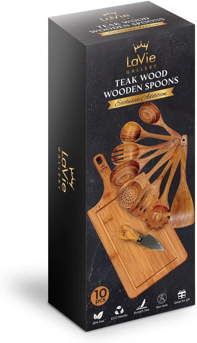 Teak Wooden Cooking Spoons Set -10-Piece Nonstick Cookware - Handmade Wooden Teak-Bamboo Charcuterie Board With Knife - Wooden Kitchen Utensils, Ideal Gift Set For Weeding,Birthday