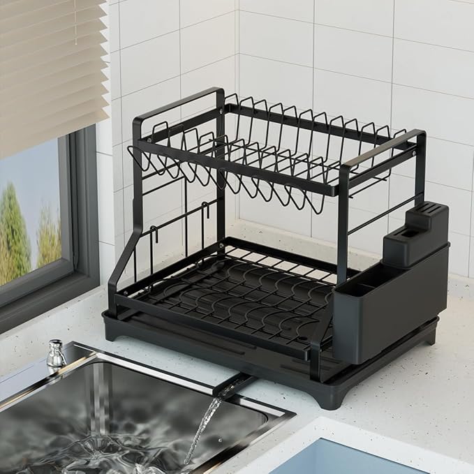 2-Tier Kitchen Dish Rack with Drainboard, Black, Large Capacity Dish Drying Rack with Cup Holder, Knife Block, Cutting Board Rack, 42x32.5x34cm