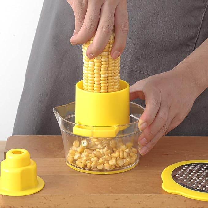 Corn Stripper Tool with Bowl & Comfort Grip - 2-in-1 Kernel Cutter and Grater for Garlic Ginger, Corn Peeler and Grinder Set with Container, Easy Corn Kernel Remover