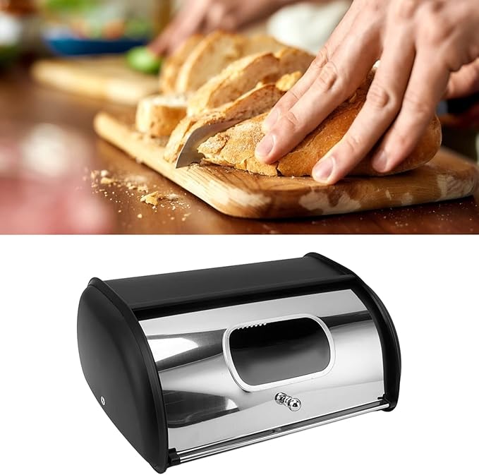 Bread Box, Multifunctional Bread Storage Holder Iron Keep for Home, Stainless Steel Bread Storage Bin with Lid (Black)