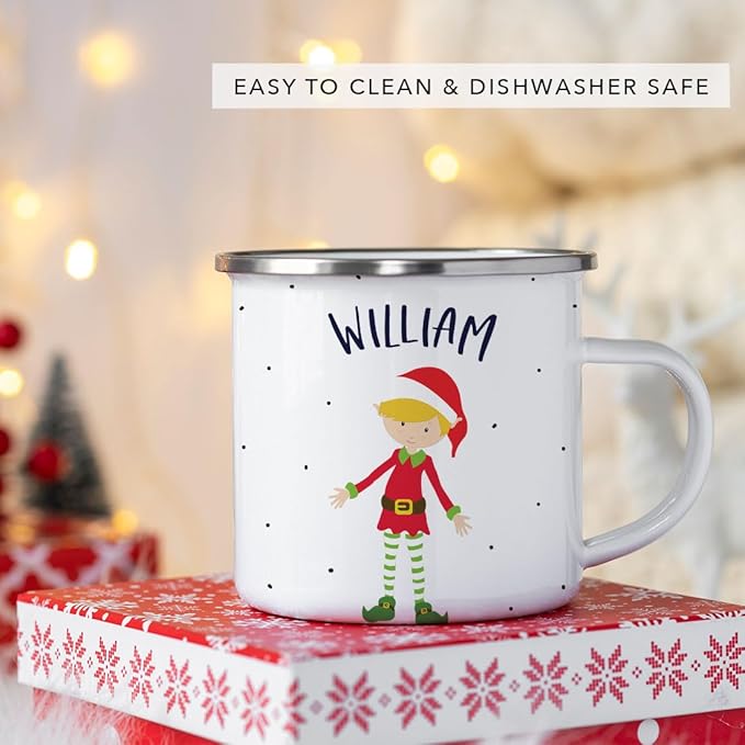 Andaz Press Personalized Name 11oz. Kids Christmas Hot Chocolate Stainless Steel Campfire Coffee Mug, Red Boy Xmas Elf Standing, 1-Pack, Custom Child’s Birthday Xmas Cup Christmas Hot Chocolate Mug