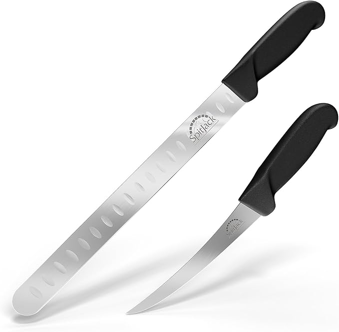 SPITJACK BBQ Butcher's Knife Set for Men. Brisket Trimming and Meat Slicing Knives, 8 Inch Chef's Blade, 3.5 Inch Paring Knife and 10 Inch Sharpening Hone. Sturdy Storage and Transport Case.