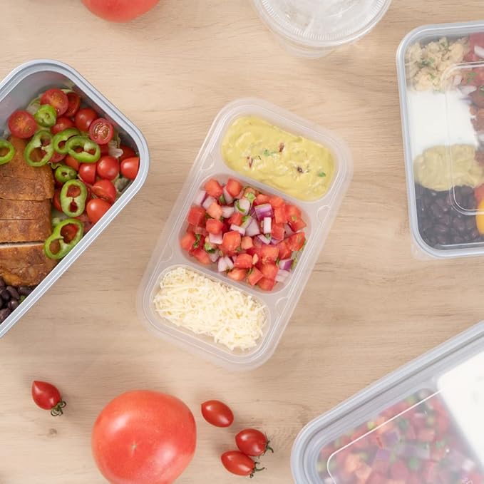 Restaurantware TRAYS ONLY: Futura 15.2 Ounce Trays For Containers, 100 Microwavable Trays For 24, 34, & 44 Ounce Containers - Containers Sold Separately, 3 Compartments, Clear Plastic Food Trays