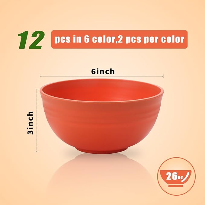 Lazycorner 12 Pcs Wheat Straw Cereal Bowls 26 Oz Wheat Straw Bowls Set Reusable Plastic Bowls for Soup Microwave & Dishwasher Safe Soup and Salad Bowls
