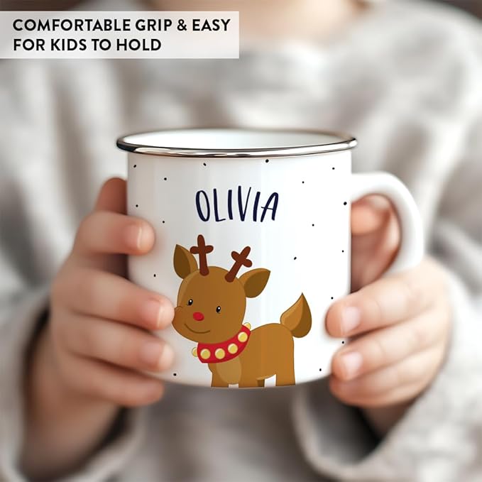 Andaz Press Personalized Name 11oz. Kids Christmas Hot Chocolate Stainless Steel Campfire Coffee Mug, Adorable Rudolph Reindeer Red Collar, 1-Pack, Custom Birthday Xmas Cup Kids Hot Chocolate Mug